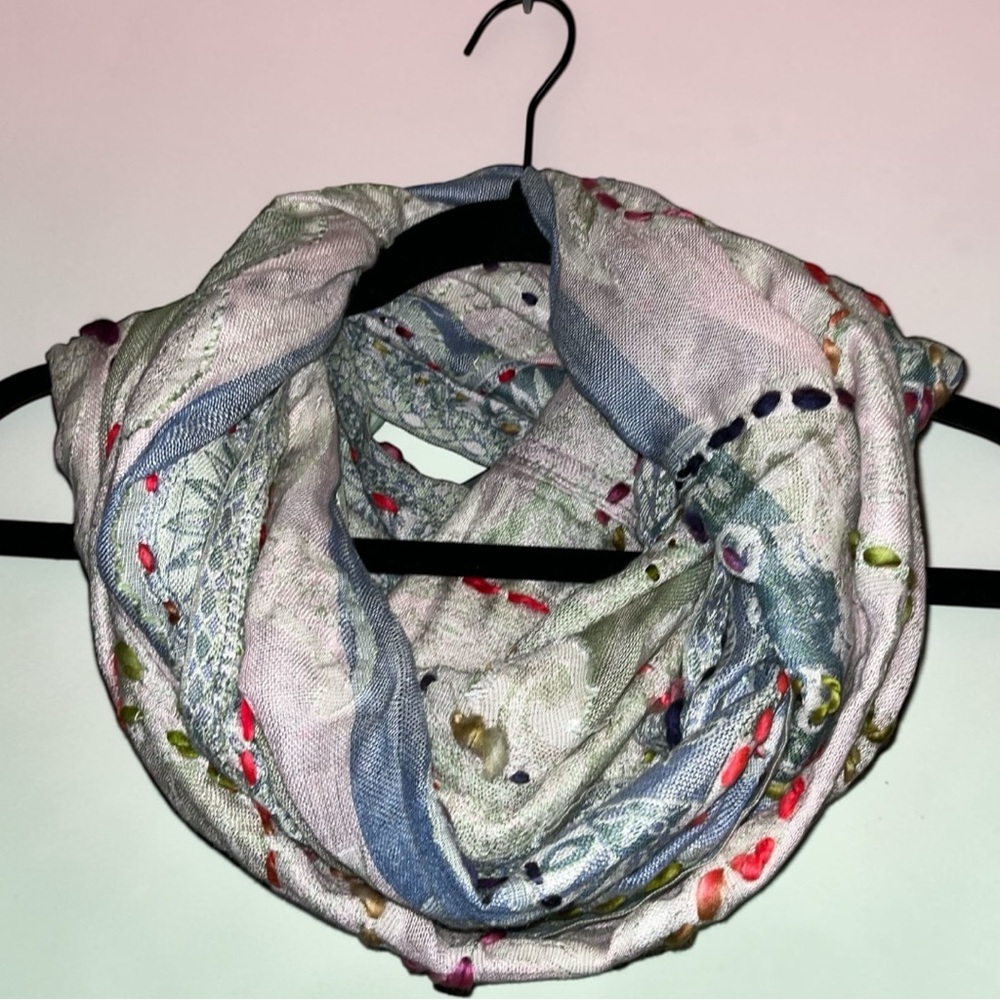 Raj Light Gray Multicolor Patterned Hand Stitched Infinity Scarf -Raj 3 - Picture 2 of 7